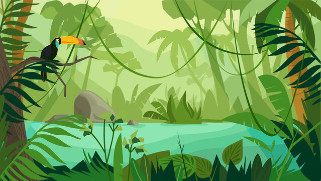 Jungle forest landscape concept in flat cartoon design. Toucan sits on branch, scene with river, different types of trees and plants. Wildlife panoramic view. Illustration horizontal background