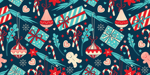 Nostalgia Christmas and Happy New Year wallpaper, background wrapping paper, fabric. Vector design template. Seamless backdrop with Christmas toys and gifts. with trendy retro style.