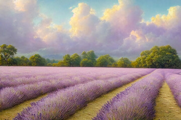 Fototapeta na wymiar Beautiful fantastic landscape with lavender field.