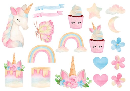 Unicorn Clipart - Watercolor - Cute Unicorn Png ,rainbow clip art , Magic unicorn graphics, candy color, party supplies