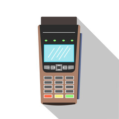 Wireless POS terminal for payment of goods and services on a white background with a falling shadow.