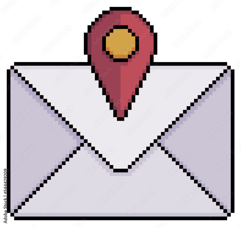 Poster pixel art envelope with gps icon, email address vector icon for 8bit game on white background