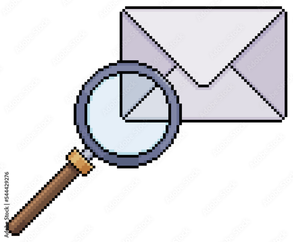 Poster pixel art envelope and magnifying glass, email analytics vector icon for 8bit game on white backgrou