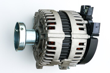 New car power generator with clutch pulley shaft on a white background