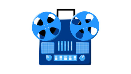 Old retro blue vintage music cassette tape recorder with magnetic tape on reels and speakers from the 70s, 80s, 90s. Beautiful icon. Vector illustration