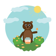 Teddy bear with a jar of honey. Vector illustrations for background, calendar, greeting card, party invitation card, website banner, social media banner, and marketing material.