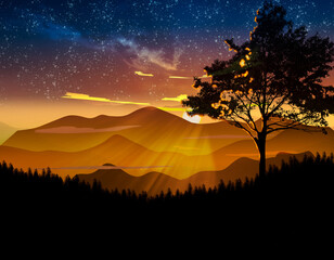 Forest landscape yellow, backlighting night
