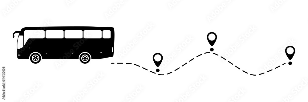 Wall mural bus icon with line start point. bus driving on dotted route with map pin. vector isolated on white.
