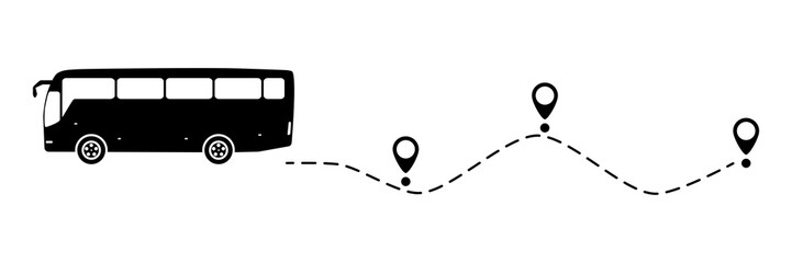 Bus icon with line start point. Bus driving on dotted route with map pin. Vector isolated on white.