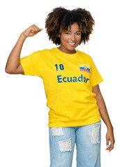 Laughing female football fan from Ecuador with yellow jersey