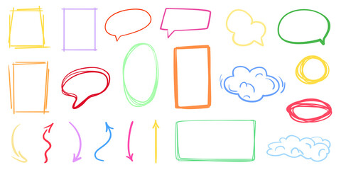 Hand drawn colored shapes on white. Abstract frameworks. Line art creative. Set of different signs. Colorful illustration. Doodles for artwork