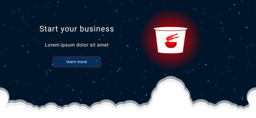 Business startup concept Landing page screen. The instant noodles symbol on the right is highlighted in bright red. Vector illustration on dark blue background with stars and curly clouds from below