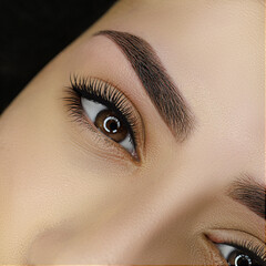 result correction and coloring of eyebrows with henna, close-up of the eye with coloring of...