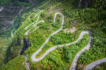 Aerial drone view of the windy road Lysevegen down to the Lysefjorden in Norway on a beautiful...