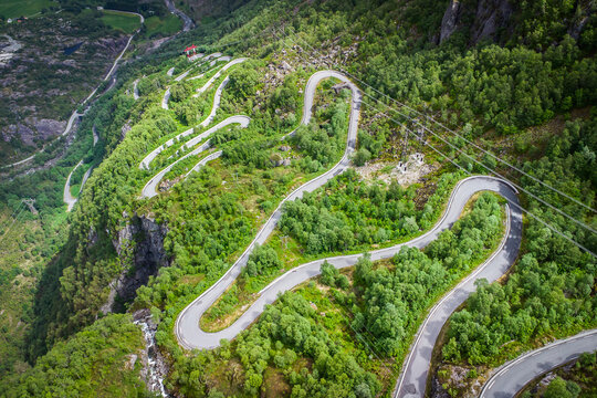 Aerial drone view of the windy road Lysevegen down to the Lysefjorden in Norway on a beautiful summer day