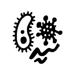 Bacteria under a microscope. The study of the structure and development of bacteria. Microorganisms in an enlarged view. Black and white contour graphics.