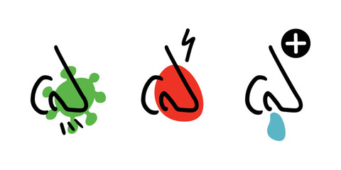A set of icons characterizing the stages of the disease with rhinitis. Bacterial or viral effects on the nasal mucosa. Outline cartoon graphics. Stuffy and snotty nose.