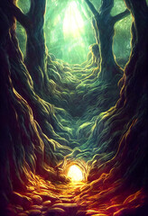 Horizontal shot of a mystical cave 3d illustrated
