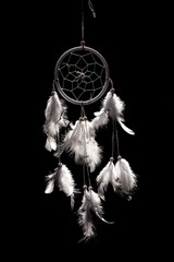 A dream catcher made of white feathers on a black background