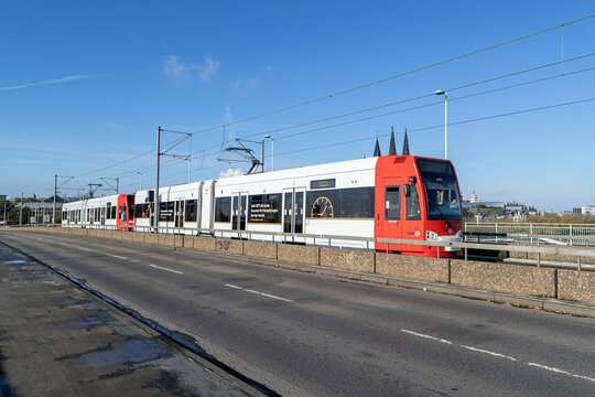 COLOGNE, GERMANY - NOVEMBER 5, 2022: KVB tram on the Deutz bridge