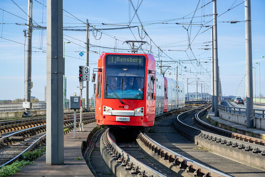 COLOGNE, GERMANY - NOVEMBER 5, 2022: KVB tram on the Deutz bridge