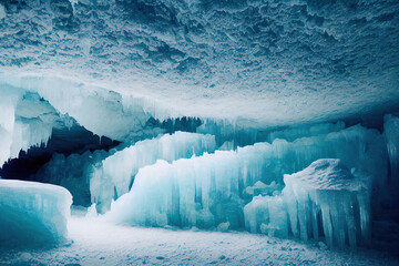 A beautiful landscape inside a large ice cave under an Icelandic glacier, with stalactite and...