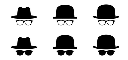 Glasses or sunglasses. Intermediary or unrecognizable person. Cartoon mafia, detective or spy with old classic hat. Gentleman and glasses. Black rim glasses spectacles, eyeglasses optical. Bowler hats