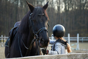 Obraz premium Young attractive girl standing near a horse in a hat. Beautiful professional female jockey standing near horse. A cute female in a hat caresses her favorite horse.