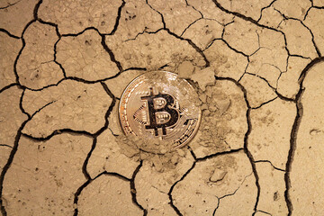 Golden bitcoin in the form of a coin lies on dry cracked ground