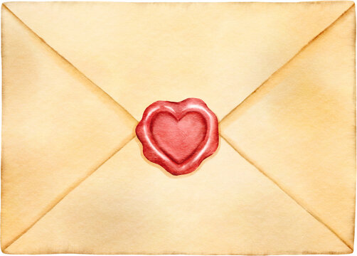 Yellow vintage mail envelope letter with red love heart sealing wax. Realistic art. Hand draw painted watercolor illustration.