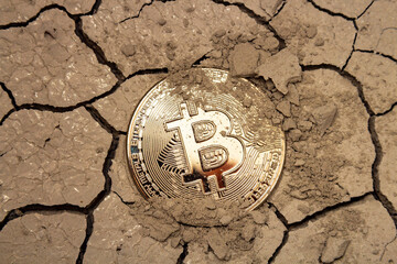 Golden bitcoin in the form of a coin lies on dry cracked ground