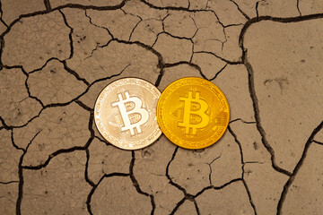 bitcoins in the form of two coins lie on dry cracked ground