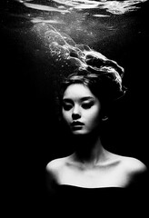 Horizontal shot of a woman underwater, stress Generative AI