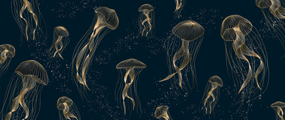 Dark luxury art background with hand drawn jellyfish in gold art line style. Minimalistic banner with marine life for decoration, wallpaper, print, textile, interior design, packaging - obrazy, fototapety, plakaty