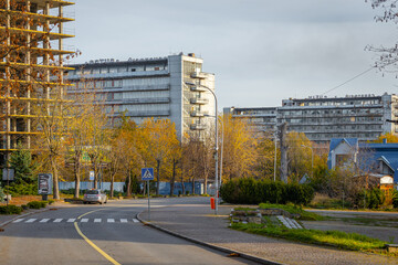 TRUSKAVETS, UKRAINE - October, 2022: View of Sukhovolya Street. The buildings of the Truskavets sanatoriums "Rubin" and "Yantar".