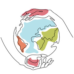 All in our hands. Happy Earth Day, save the planet, eco illustration. World in man and women hand, silhouette Isolated on white background. Continuous one line art design, icon. Color hand drawing.