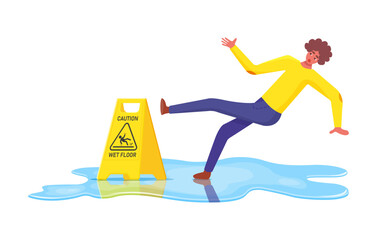 Wet floor. Falling man slips in water, slipping and downfall, injured unbalanced character, personal injury, dangerous dropping, caution danger yellow sign cartoon vector concept.