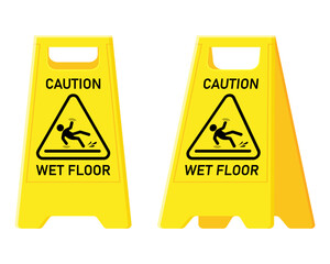 Caution Wet Floor and Cuidado Piso Mojado warning sign in English and Spanish. Traditional yellow board, cleaning equipment.
Vector flat cartoon illustration.