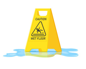 Wet floor caution sign and water puddle isolated on white background, Public warning yellow symbol clipart. Slippery surface beware plastic board design element. Falling human pictogram.