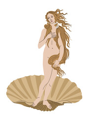 Venus vector illustration. A woman is standing on a shell. Italian painting. Print for clothes. Creative print on a T-shirt. Vector drawing. Cover up with hair. A modern take on art.