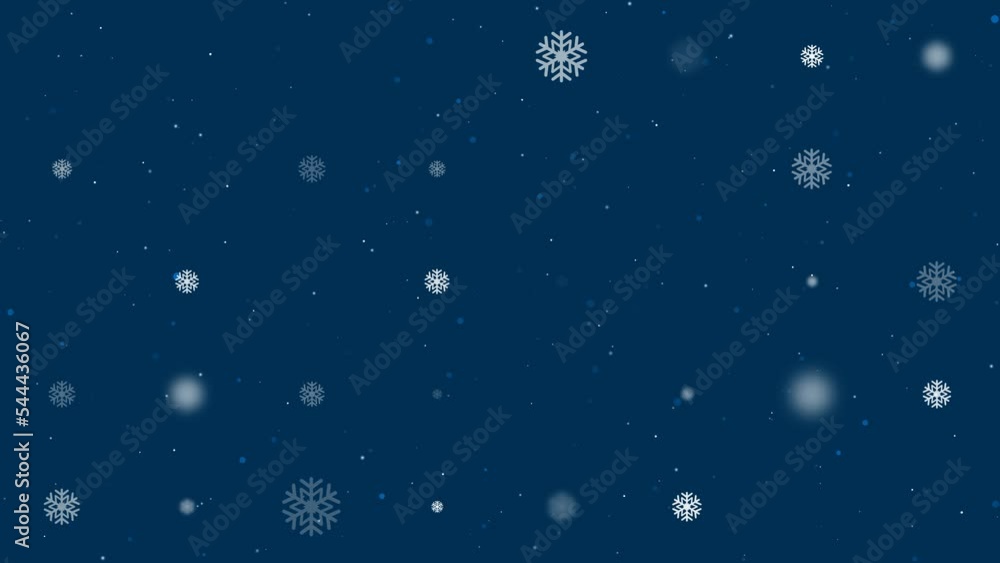 Poster Template animation of evenly spaced snowflake symbols of different sizes and opacity. Animation of transparency and size. Seamless looped 4k animation on dark blue background with stars