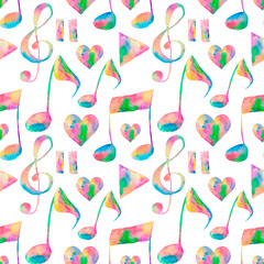 Seamless pattern with pink blue musical notes and signs. Hand drawn bright watercolor elements on white background.