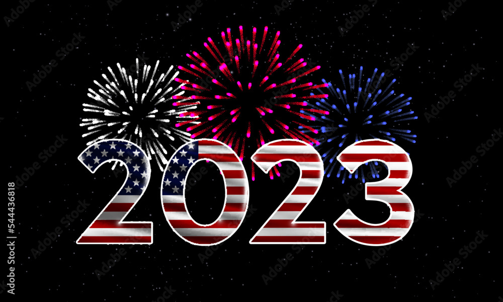 Canvas Prints happy new year 2023 usa. 2023 new years background with national flag of usa and fireworks.