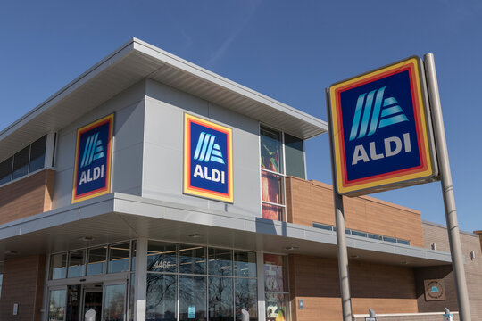 Aldi Discount Supermarket. Aldi sells a range of grocery items, including produce, meat and dairy at discount prices.