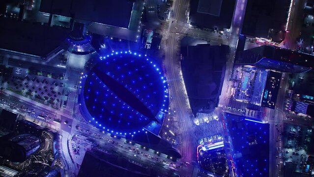 Looking Straight Down on City Streets With Traffic. Over Head View of Famous LA Arena, Convention Center and Several Buildings in Downtown Los Angeles, California. Blurred Brands and Logos.