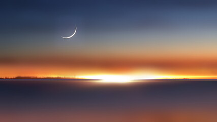 Night starry sky blue gold sunset reflection on sea water wave and gold sunset banner background template