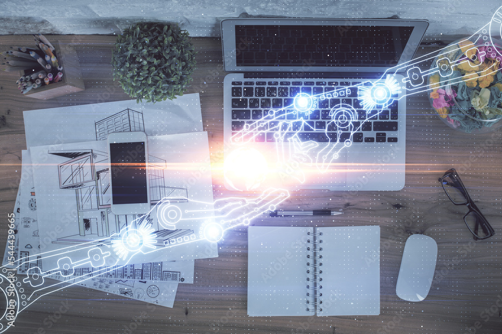 Aufkleber Double exposure of data theme drawing hologram over topview work table background with computer. Concept of technology.