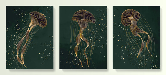 Framed poster Dark green art background with luxury jellyfish image in gold art line style. Animalistic set of prints with marine life for poster design, textile, interior design, wallpaper, packaging.