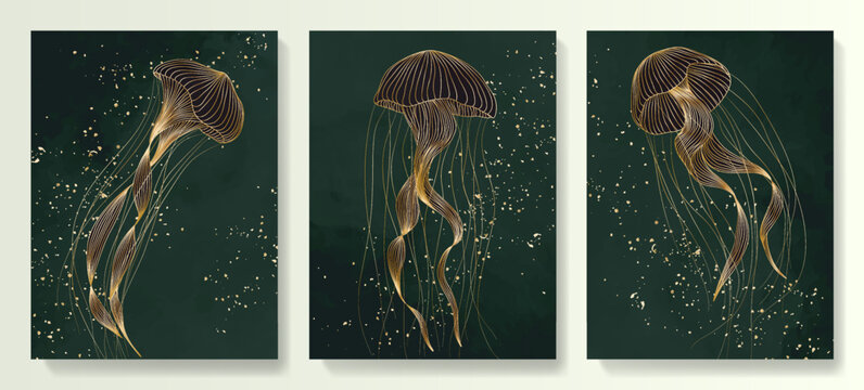 Dark green art background with luxury jellyfish image in gold art line style. Animalistic set of prints with marine life for poster design, textile, interior design, wallpaper, packaging.