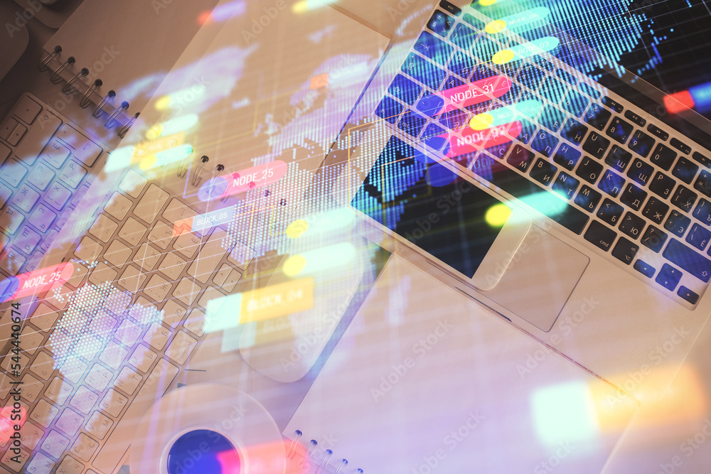 Poster Multi exposure of data theme drawing hologram over topview work desk background with computer. Concept of technology.